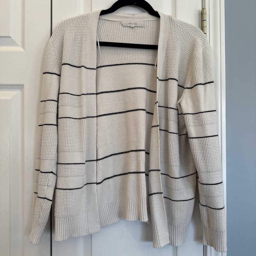 Waffle Knit Open Cardigan Sweater - Cream with Black Stripes